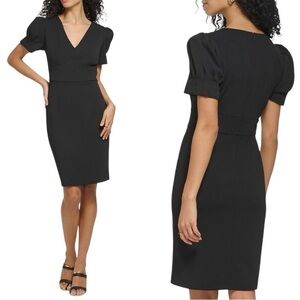 DKNY Navy Puff-Sleeve V-Neck Sheath Dress